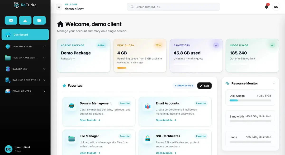 RaTurka Server Management Panel Dashboard